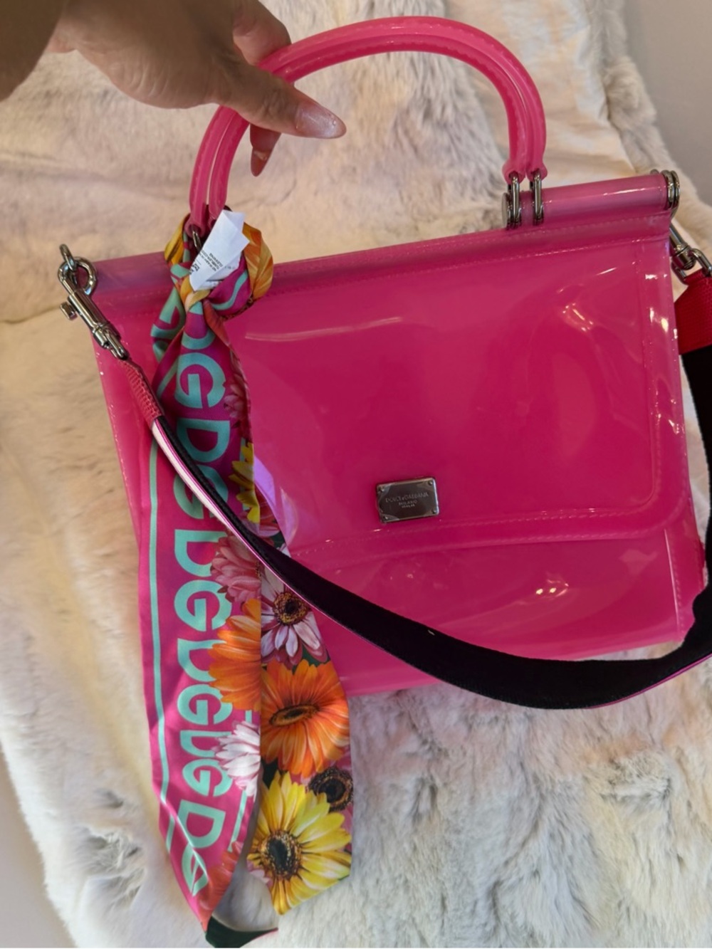 Dolce & Gabbana Bright Pink Patent Top-Handle Satchel with Floral Scarf
